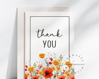 Floral Poppy Flower Thank You Gratitude Card | Instant Digital Download | Printable Card | 4x6 & 5x7 inch PDF