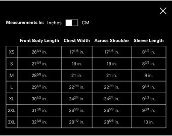 Size Chart For Short Sleeve Tshirt