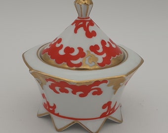 Art Deco sugar bowl, Volkstedt, white / orange / gold