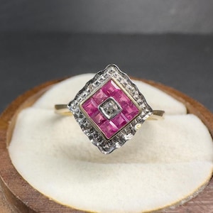 Vintage 9ct Gold Ruby & Diamond Ring • Art Deco Style • English Hallmarked • UK P / US 8 • Resizable • Solid Gold Ruby Cluster Ring