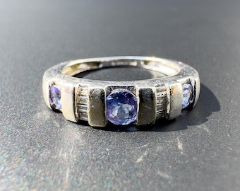 9ct White Gold | Vintage | Tanzanite Trilogy & Baguette Cut Diamond Ring | Multi-Stone Stackable Rings |  Hallmarked |