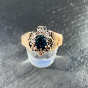 9ct Gold, vintage, Sapphire & Diamond cluster ring, multi stone ring, statement ring, dress ring, engagement ring, English hallmarks.
