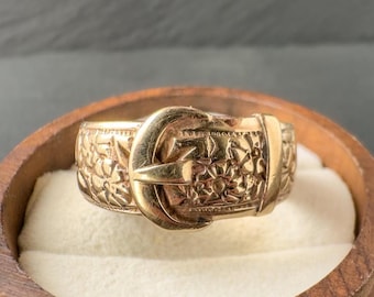 Anello vintage con fibbia pesante in oro 9 carati, con marchio inglese/fascia incisa con motivo floreale