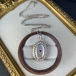 Vintage 925 Italian Silver Ruby Locket Necklace | Oval Pendant Minimalist Chain 52cm | Dainty Jewellery Gift for Her |