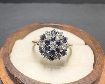 Vintage 9ct Solid Gold Sapphire & Diamond Cluster Ring - English Hallmarked - UK L 1/2 - US 6 - Solid Gold - Resizable 9ct Sapphire Ring