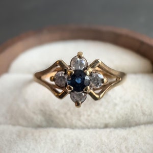 Vintage 9ct Gold Sapphire Ring | Elegant Quartz CZ Cluster | Solid Gold Statement Jewelry | English Hallmarks | UK M - US 6.25 |