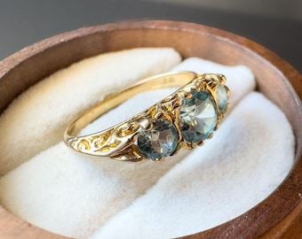 Vintage | 9ct Gold | Edwardian-Inspired Blue Topaz Ring – Intricate Scrollwork Design | English Hallmarks | UK L 1/2 - US 6 | Resizable