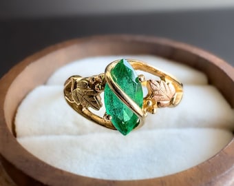 9ct |9K Gold | Vintage | Marquise Emerald Fancy Ivy Foliate Ring | Statement Ring | English Hallmarks |