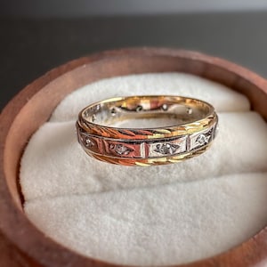 Gorgeous | 18ct | 18k Solid Gold | Vintage Bi Coloured Patterned | Full Diamond Eternity Band Ring | English Hallmarks |