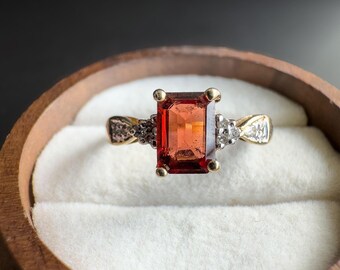 Vintage | 9ct | 9k Gold | Garnet and Diamond Ring – Elegant Emerald-Cut Garnet with Diamond Accents | Hallmarked | UK M-US 6.25 | Resizable