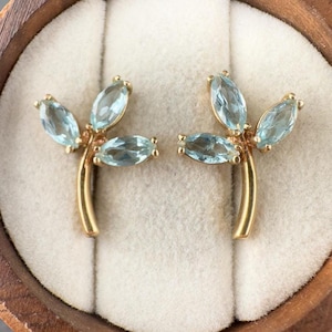 Vintage 9ct Solid Gold Blue Topaz Leaf Earrings | Tested 9ct Gold | Marquise Cut | Lightweight 2.25g | Vintage Style Studs | Gift for Her