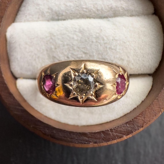 Victorian | Heavy 18ct Solid Gold Ruby & Old Cut … - image 9