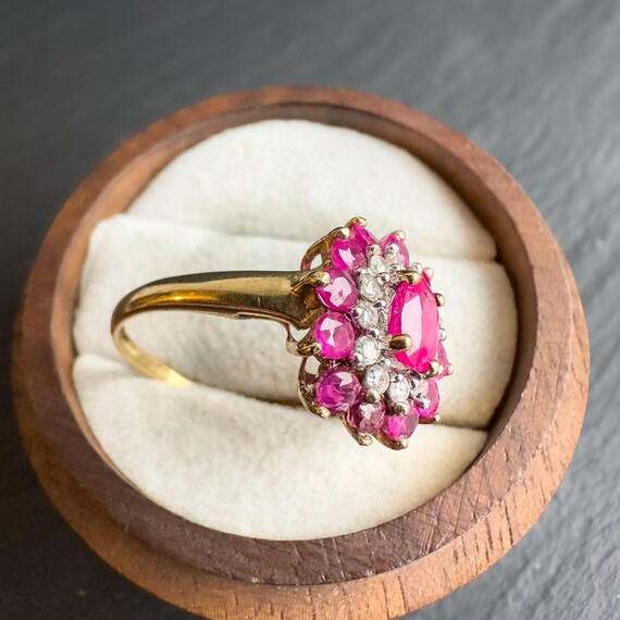 Vintage 9ct Gold Ruby Diamond Cluster Ring: Flora… - image 3