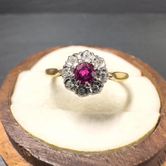 Vintage 1950s 18ct Solid Gold Ruby & Diamond Clus… - image 1
