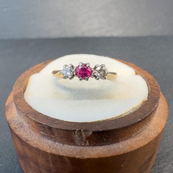 Ruby Diamond Ring 18ct Gold Platinum - Vintage Th… - image 1
