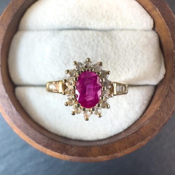 Vintage 9ct Gold Ruby Cluster Ring: Oval Halo Set… - image 7