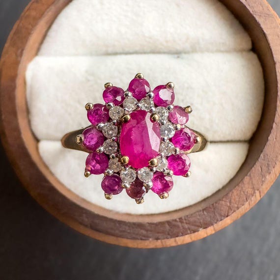 Vintage 9ct Gold Ruby Diamond Cluster Ring: Flora… - image 5