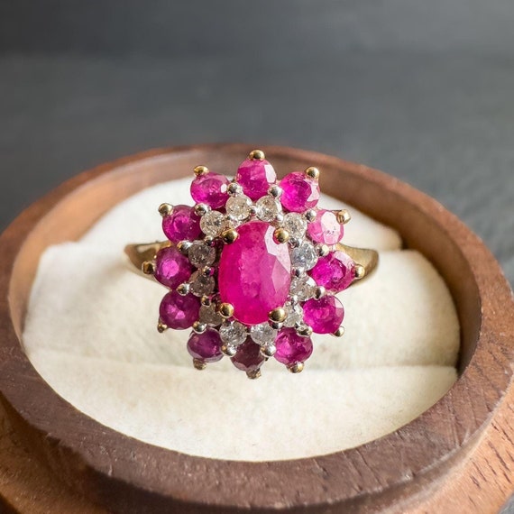 Vintage 9ct Gold Ruby Diamond Cluster Ring: Flora… - image 1
