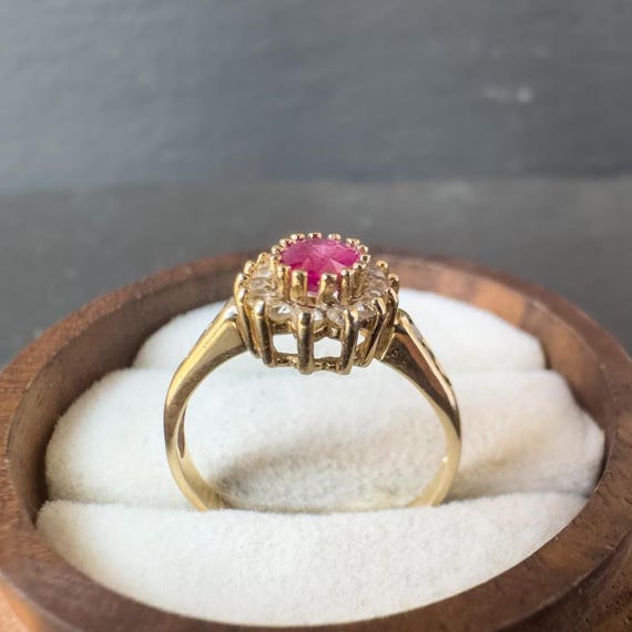 Vintage 9ct Gold Ruby Cluster Ring: Oval Halo Set… - image 6