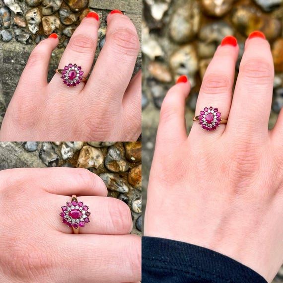 Vintage 9ct Gold Ruby Diamond Cluster Ring: Flora… - image 7