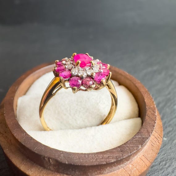 Vintage 9ct Gold Ruby Diamond Cluster Ring: Flora… - image 6