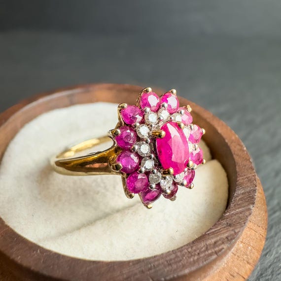 Vintage 9ct Gold Ruby Diamond Cluster Ring: Flora… - image 2