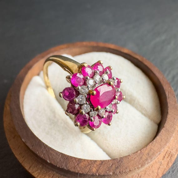 Vintage 9ct Gold Ruby Diamond Cluster Ring: Flora… - image 4
