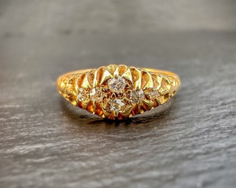 18ct Gold, Antique, Edwardian, 6 Stone Diamond Boat Ring, Multi Stone Ring, Statement Ring, Anniversary Ring, 1907 Chester Hallmarks