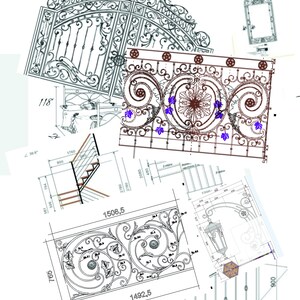 Op de afbeelding: Een blauwdruk voor een smeedijzeren poort met ingewikkelde ontwerpen. De poort bestaat uit drie delen, elk met een ander patroon. De blauwdruk bevat afmetingen in centimeters.