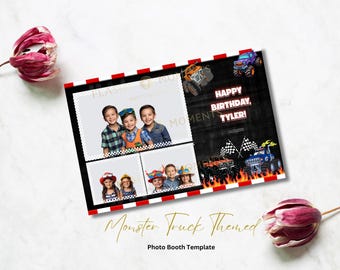 Può includere: Un modello di cabina fotografica a tema Monster Truck con un bordo nero e rosso. Il modello include spazi per le foto e presenta grafiche di monster truck, fiamme e il testo "Happy Birthday, Tyler!"