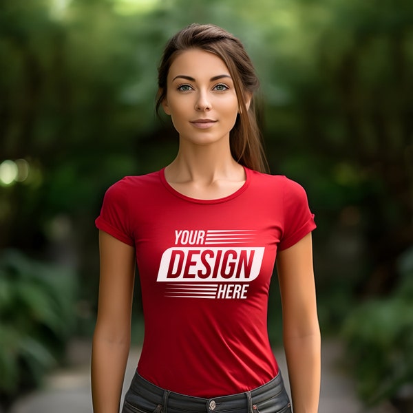 Red T-Shirt Mockup, Female Model Mockup, Woman T-Shirt Mockup, Lifestyle Mockup, Red Tee Mockup, Valentine's Day