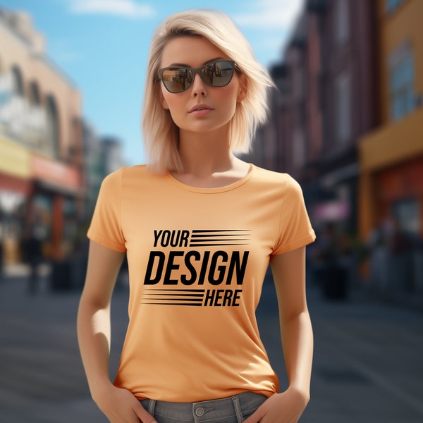 Pastel Orange T-Shirt Mockup, Female Model Mockup, Woman T-Shirt Mockup, Lifestyle Mockup, Pastel Orange Tee Mockup, Pastel Clothing