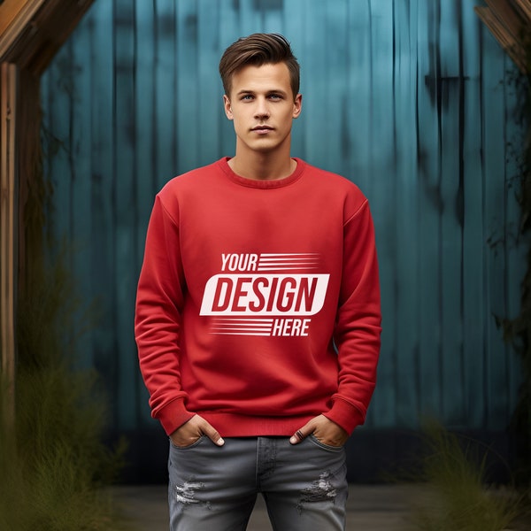 Red Sweatshirt Mockup, Male Model Mockup, Man T-Shirt Mockup, Lifestyle Mockup, Red Tee Mockup, Outdoor, Valentine Mockup