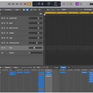 Puede incluir: Captura de pantalla de una interfaz de estación de trabajo de audio digital (DAW). La interfaz es gris con múltiples pistas etiquetadas como "AUDIO REC", "BEAT", "BEAT FILTER", "VERSE", "LIBS", "INTRO OUTRO", "TAG" y "Master". La barra superior muestra los controles de reproducción.