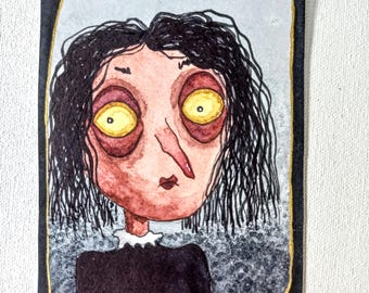 ACEO Original Aquarell Illustration | Wohndekor | Skurrile Kunst | Dunkle Kunst | Wandgemälde: "Verängstigte Hexe"
