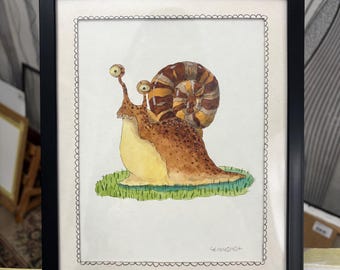 Original Aquarell-Illustration auf Papier | Wohndekor | Handgefertigt | Wanddekor | Gerahmte Kunst: „Whimsical snail“