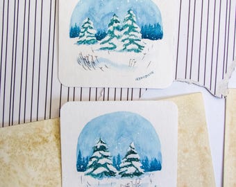 Set of 2 Original Watercolor Postcards – Snowy Winter Forest | Handmade | Homedecor | Collector's art | Landscape painting