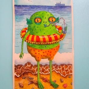 Wunderliche Aquarell-Illustration: „Strandtag von einem anderen Planeten“