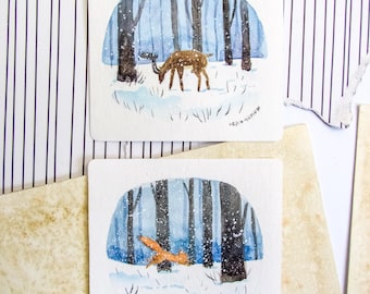 Set of 2 Original Watercolor Illustrations – “Winter Forest Deer & Squirrel” | Homedecor | Wall art | Handmade | Collector's art | Holiday