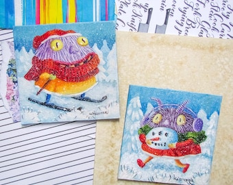 Set of 2 Original Winter Mini Oil Paintings – Whimsical Monsters in Snow | 10x10 cm Hand-Painted Art on Primed Cardboard