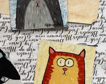 Whimsical Cat Painting Set – Original Acrylic Mini Art on Primed Cardboard