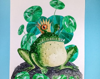 Może przedstawiać: Akwarelowa ilustracja zielonej żaby w koronie, otoczonej liśćmi lilii wodnych. Żaba siedzi na ciemnej skale. Grafika ma kapryśny, bajkowy motyw.