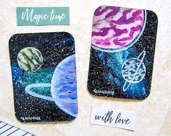 ACEO Card Set – “Stardust Voyage” & “Unknown World” | Original Hand-Painted Acrylic Mini Art