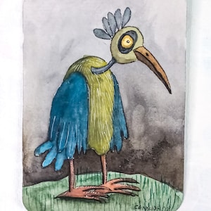 Cartão ACEO original em aquarela: "Pássaro caprichoso. Pintura em aquarela de criatura surreal de fantasia.