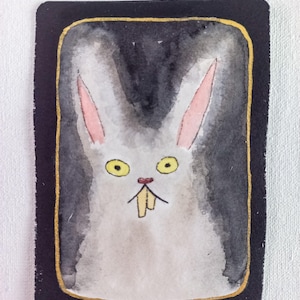 Cartão original em aquarela da ACEO: "Coelho Branco Místico"