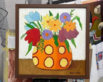 Original Oil Painting – “Floral” Whimsical Folk Style | 30 × 30 cm | Framed
