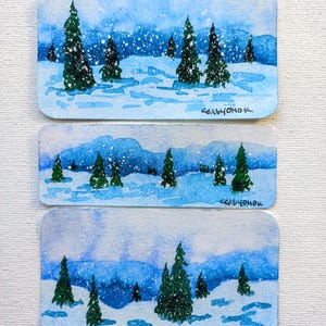 Une série de trois mini-cartes postales originales : "Winter Forest"