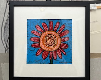 Original Oil Painting on Paper, Framed (25×25 cm): “Radiant Folk Flower” | Handmade | Original | Wall art | Homedecor