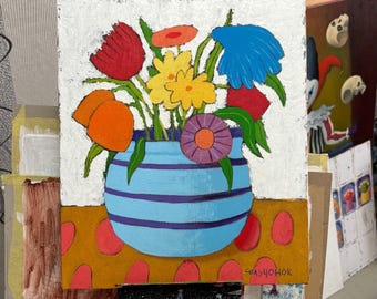 Colors of Awakening – Original Oil Painting, Folk Style Flower Still Life, 35 × 30 cm