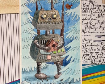 Winter Robot Guardian with Birdhouse – Original Watercolor Illustration (24×16 cm) | Homedecor | Wall art | Handmade | Winter art